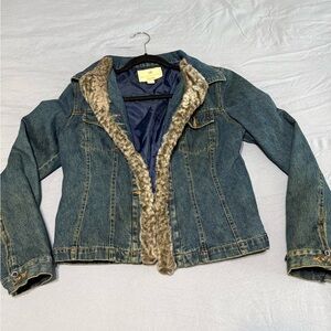 Vintage Blanc Noir Blue Jean Jacket with Faux Fur Trim